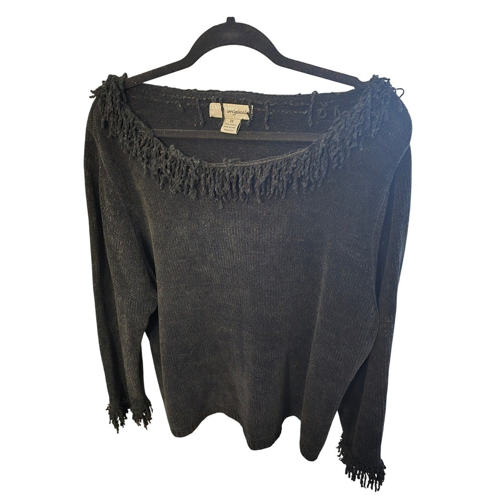 Designers Originals Studio Black Chenille‎ Fringe Trim Long Sleeve Top 2X